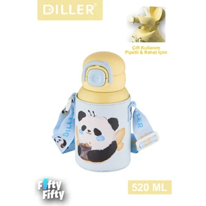 Dıller 520 ml Tek Kapak Çift Kullanım Pipetli/pipetsiz Kılıflı-Askılı Çelik Su Matarası -FFDILLERD9241