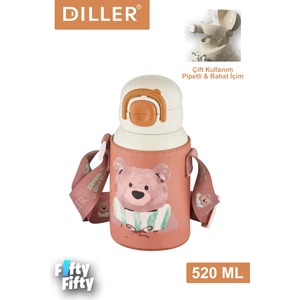 Dıller 520 ml Tek Kapak Çift Kullanım Pipetli/pipetsiz Kılıflı-Askılı Çelik Su Matarası -FFDILLERD9241