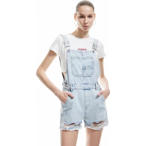 Yıpratma Detaylı Cepli Rahat Kesim Mini Askılı Denim Şort Salopet