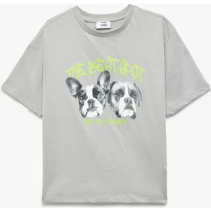 Köpek Baskılı Kısa Kollu Bisiklet Yaka Pamuklu Oversize Tişört