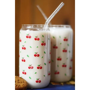 Caga Home Pinterest Bardak Kiraz Desenli Isıya Dayanıklı Borosilikat 2 Adet Cam Pipetli Kahve ve Sunum Bardağı