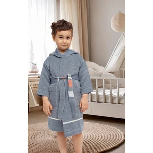 Lacivert - Kırmızı Çizgili %100 Organik Pamuk Kız/Erkek Çocuk Bornoz 5 - 7 Yaş