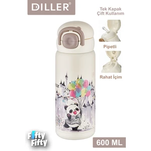 Dıller 600 ml Tek Kapak Çift Kullanım Pipetli/pipetsiz Taşıma Kulplu Vacum Cup/çelik Termos -FFDILLERD9252