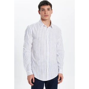Slim Fit Dar Kalıp Çizgili Yazlık Keten Efekt Erkek Gömlek