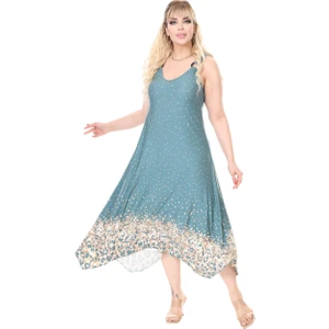 Butik Askılı V Yaka Yeşil Puanlı Eteği Leopar Desen Elbise