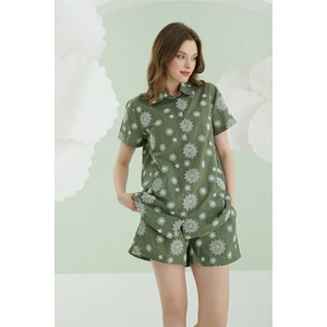 Nbb Yeşil Çiçek Desenli Şortlu Önden Düğmeli Pijama Takımı