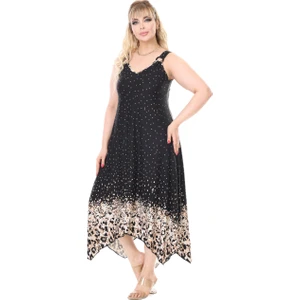 Butik Askılı V Yaka Siyah Puanlı Eteği Leopar Desen Elbise