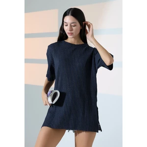 Oversize Yırtmaçlı Raporlu Tunik T-Shirt 21493 Lacivert