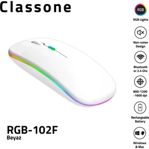 RGB-102F Rgb Işıklı, Efektli, Silent-Sessiz, Rf Kablosuz, Bluetooth Mouse - Beyaz