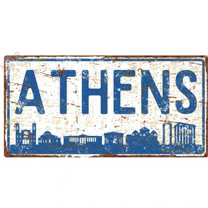 Hayg Equipment Atina Silüetli Dekoratif Alüminyum Tabela - Retro Metal Duvar Dekoru - Atina Manzaralı Levha