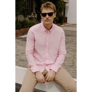 Altınyıldız Classics Erkek Pembe Slim Fit Dar Kesim Düğmeli Yaka Keten Görünümlü %100 Pamuk Flamlı Gömlek