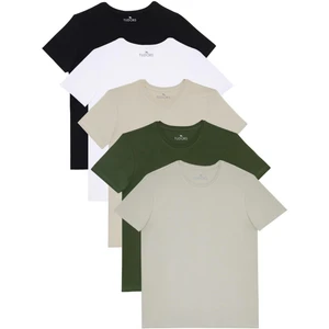 5'li Paket Siyah-Beyaz-Taş-Gri-Haki Slim Fit Dar Kesim  Pamuk Bisiklet Yaka Tişört