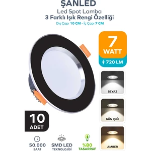 7W 3renkli(Beyaz, Gün Işığı, İkisi Bir Arada) Siyah Krom Led Spot Lamba-10 Adettir