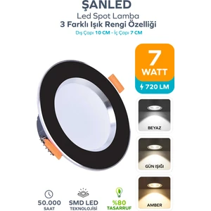 7W 3renkli(Beyaz, Gün Işığı, Ikisi Bir Arada)  Siyah Gold/krom LED Spot Lamba-1 Adettir