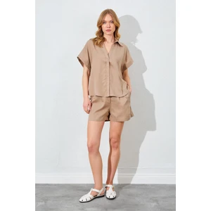 Kadın Vizon Oversize Düşük Kol Gömlek Şortlu Takım