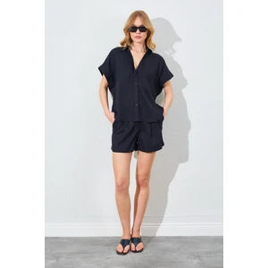 Kadın Siyah Oversize Düşük Kol Gömlek Şortlu Takım