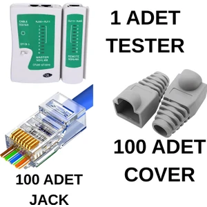 SpeedUF 100 Adet Yeni Nesil Cat5 Cat6 RJ45 Delikli Jak + 100 Adet Cover Kılıf + Test Cihazı