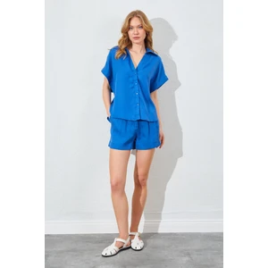 Kadın Indigo Oversize Düşük Kol Gömlek Şortlu Takım