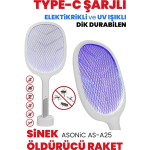 Güncel Çarşı Güncelçarşı Type-C Şarjlı Uv Işıklı Sinek Raketi 1200MAH 3000V Çıkış Dik Durabilen Uv Mor Işıklı Elektrikli Raket Sinek Kovucu, Asonic AS-A25