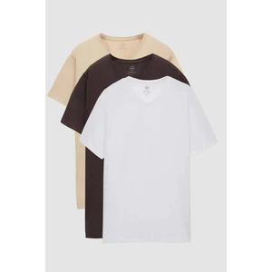 Ds Damat Slim Fit Kahve/bej/beyaz 3'lü Set V Yaka T-Shirt