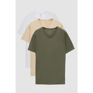 Ds Damat Slim Fit Haki/bej/beyaz 3'lü Set V Yaka T-Shirt