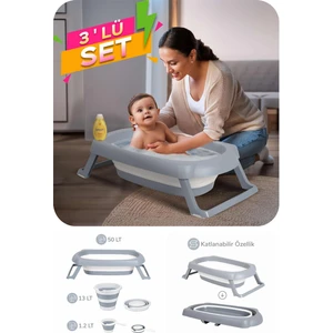 Wellgro 3 Parça Bebek Küvet Seti, Bebek Banyo Küveti, Katlanır Küvet 50 Litre