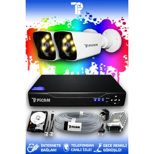 2 Kameralı Kare 2 Dış Kamera Set 250 GB HDD Full HD Renkli Gece Görüşlü Güvenlik Kamerası Sistemi