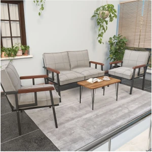 Modern Serisi Balkon, Bahçe, Cafe - Metal Kanepe Koltuk Takımı - 2+1+1 Sehpalı - Krem