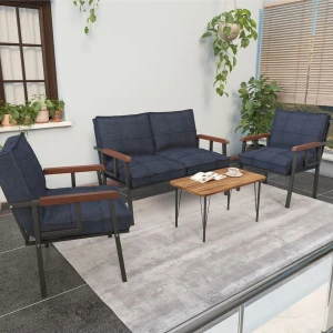 Modern Serisi Balkon, Bahçe, Cafe - Metal Kanepe Koltuk Takımı - 2+1+1 Sehpalı - Lacivert