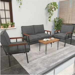 Modern Serisi Balkon, Bahçe, Cafe - Metal Kanepe Koltuk Takımı - 2+1+1 Sehpalı - Koyu Gri