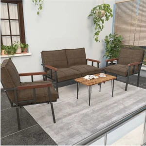 Modern Serisi Balkon, Bahçe, Cafe - Metal Kanepe Koltuk Takımı - 2+1+1 Sehpalı - Kahverengi