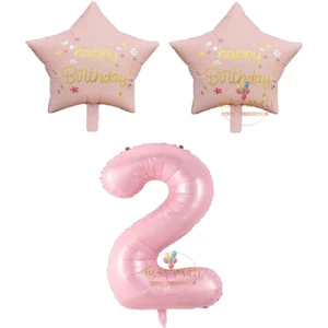 Pembe Renk Rakam ve Happy Bırthday Yazılı Yıldız Folyo Balon Seti Yaş 2