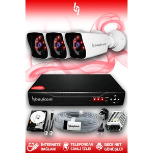 3 Kameralı Kare 3 Dış Kamera Set 250 GB HDD Full HD Gece Görüşlü Güvenlik Kamerası Sistemi