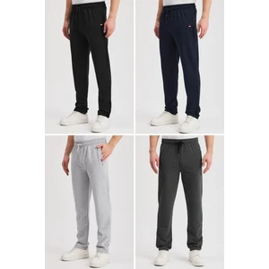 Siyah-Lacivert-Gri-Antrasit Erkek Fermuarlı Cepli Nakış Detaylı Düz Paça Rahat Kesim 4'lü Eşofman