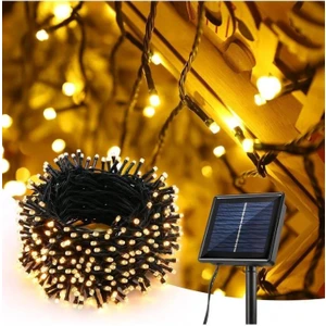 12 Metre 100 LED Solar Lamba Güneş Enerjili Sarı Işık Top Zincir Bahçe Aydınlatma Parti Süs Lambası