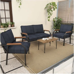 Hayal Serisi Balkon, Bahçe, Cafe - Metal Kanepe Koltuk Takımı - 2+1+1 Sehpalı - Lacivert