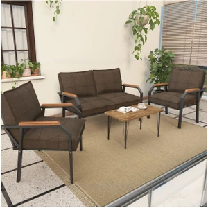 Hayal Serisi Balkon, Bahçe, Cafe - Metal Kanepe Koltuk Takımı - 2+1+1 Sehpalı - Kahverengi