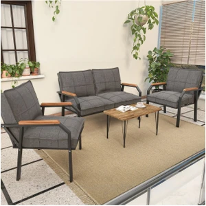 Hayal Serisi Balkon, Bahçe, Cafe - Metal Kanepe Koltuk Takımı - 2+1+1 Sehpalı - Koyu Gri