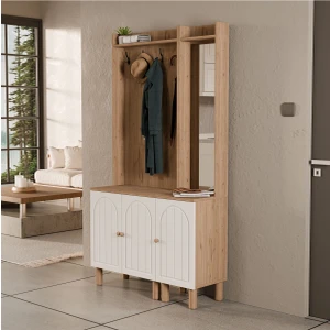 Set 5072-5088 Rapsody Sağ Aynalı 3 Kapaklı (Membran) 4 Askılı Bohem Portmanto Sepet-Beyaz