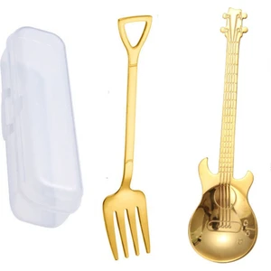 Gold Renk Gitar Tasarımlı Paslanmaz Çelik Kaşık ve Paslanmaz Çelik Çatal + Saklama Kutusu