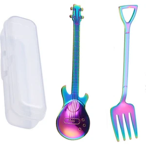 Gökkuşağı Renk Gitar Tasarımlı Paslanmaz Çelik Kaşık ve Paslanmaz Çelik Çatal + Saklama Kutusu