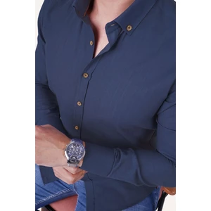 indigo Yaka Düğmeli Keten Slimfit Erkek Gömlek