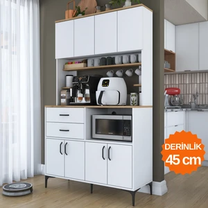 JE208 Çok Amaçlı Dolap 8 Kapaklı 2 Çekmeceli Kiler Mutfak Dolabı  Beyaz - Sepet Ceviz
