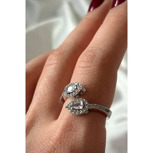 Premium Seri Bead Model Zirkon Taşlı Damla Tasarım Üstten Ayarlanabilir Kadın Çelik Yüzük