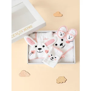 Zengin Home  Pamuk Kutulu Hediye Yenidoğan/bebek Bornoz Seti 4 Parça / Beyaz Tavşan