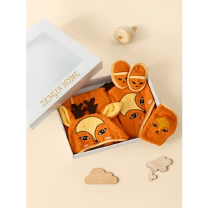 Zengin Home  Pamuk Kutulu Hediye Yenidoğan/bebek Bornoz Seti 4 Parça / Turuncu Geyik