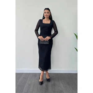 Tül Kumaş Büzgü Detaylı Kalem Elbise - Siyah