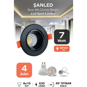 7W Sıva Altı Oynar Başlık GU10 Siyah Kasa Beyaz ışık LED Spot Lamba-4 Adet