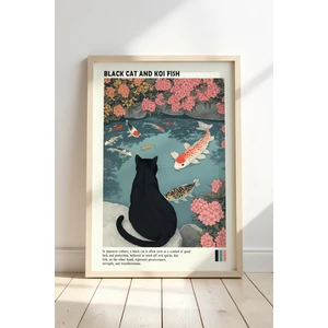 Siyah Kedi ve Koi Balığı Japon Duvar Sanatı Vintage Doğal Ahşap Çerçeveli tablo