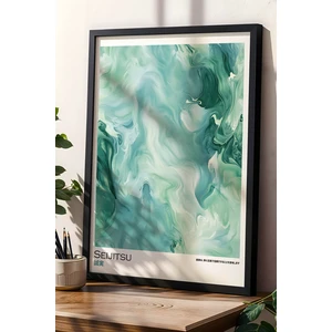 Pastel Mavi - Yeşil Tonlarda Soyut Desenli Japandi Ahşap Duvar Tablosu